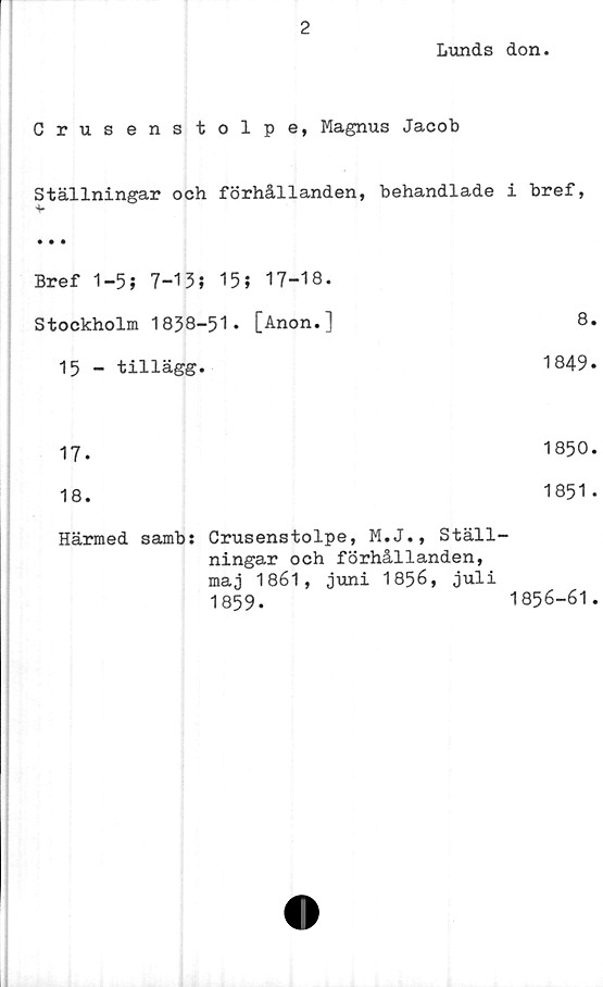  ﻿2
Lunds don
Crusenstolpe, Magnus Jacob
Ställningar och förhållanden, behandlade i bref,
• • •
Bref 1-5} 7-13} 15; 17-18.
Stockholm 1858-51. [Anon.]	8.
15 - tillägg.	1849*
17.	1850.
18.	1851.
Härmed samb: Crusenstolpe, M.J., Ställ-
ningar och förhållanden,
maj 1861, juni 1856, juli
1859-	1856-61.